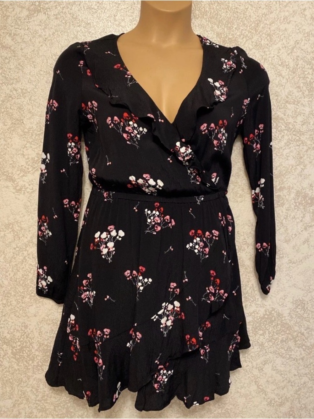 Express Black Floral Long Sleeve Faux Wrap Dress with Ruffle Trim